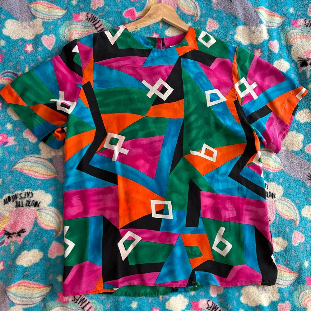 Pat Argenti 80s or 90s Color Block Abstract Silk Blouse